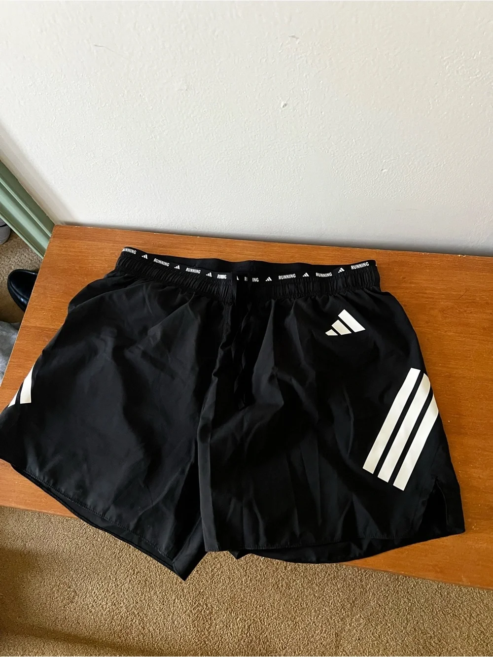 adidas Black Athletic Shorts with White Three-Stripe Accents 5” large